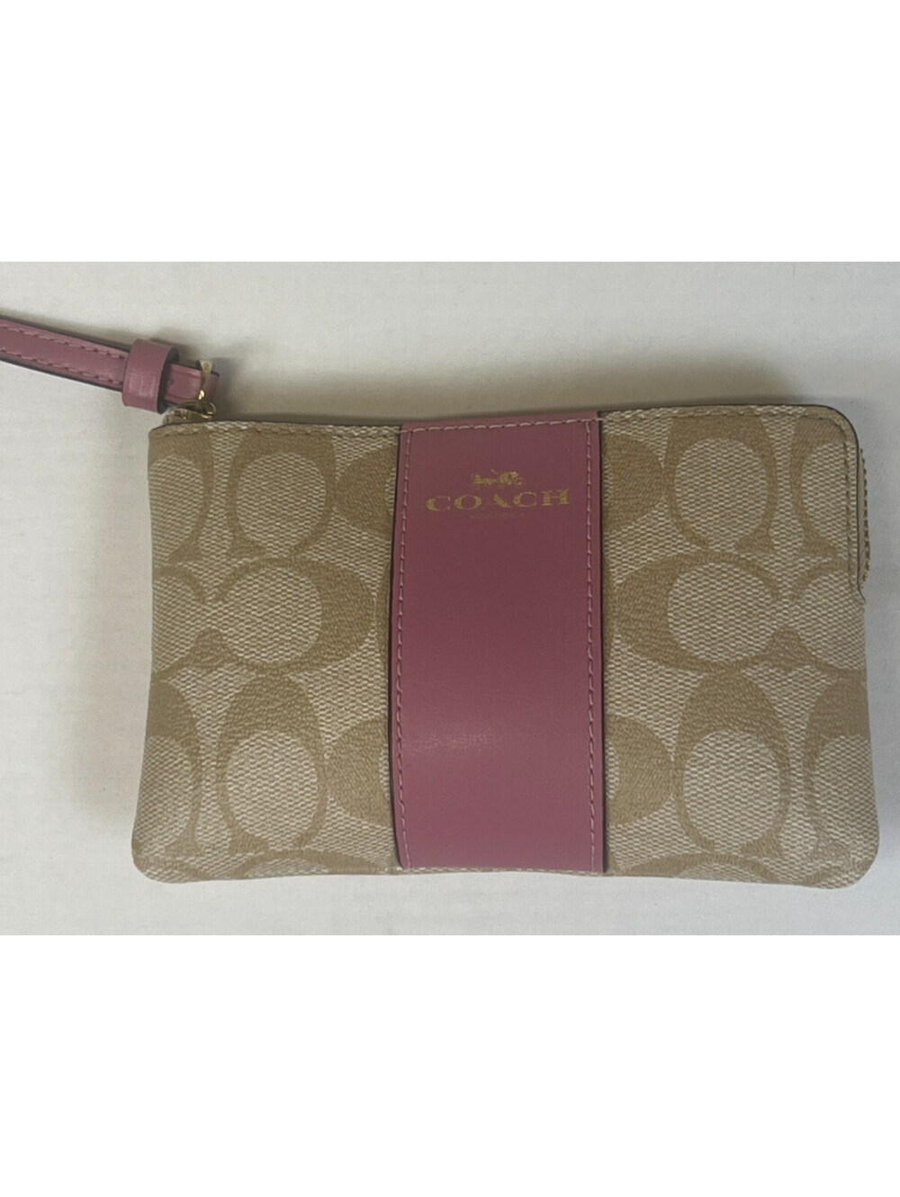 Coach Signature Khaki Pink Coated Canvas Leather Trim Zip Wristlet Wallet Purse